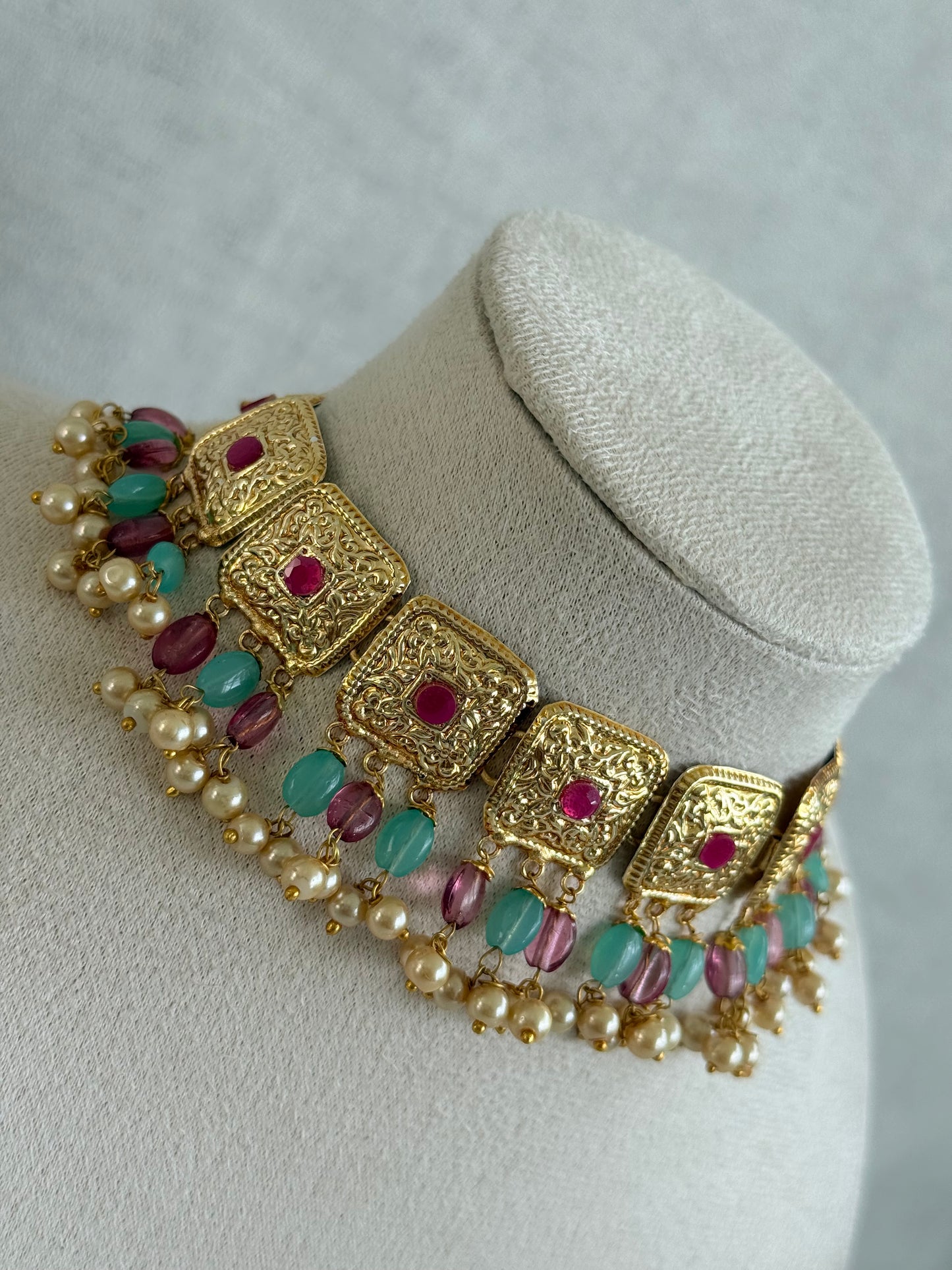 Ayura Designs Chetna Choker Set with Earrings & Tikka – Aqua & Rani Pink Beads, Cream Pearl Drops with Pipal Patti Detailing