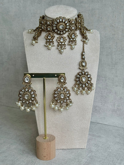 Ayura Designs Nevaya Set with Choker, Earrings & Tikka – Antique Gold with Mirror-Cut Stones & Pearl Drops