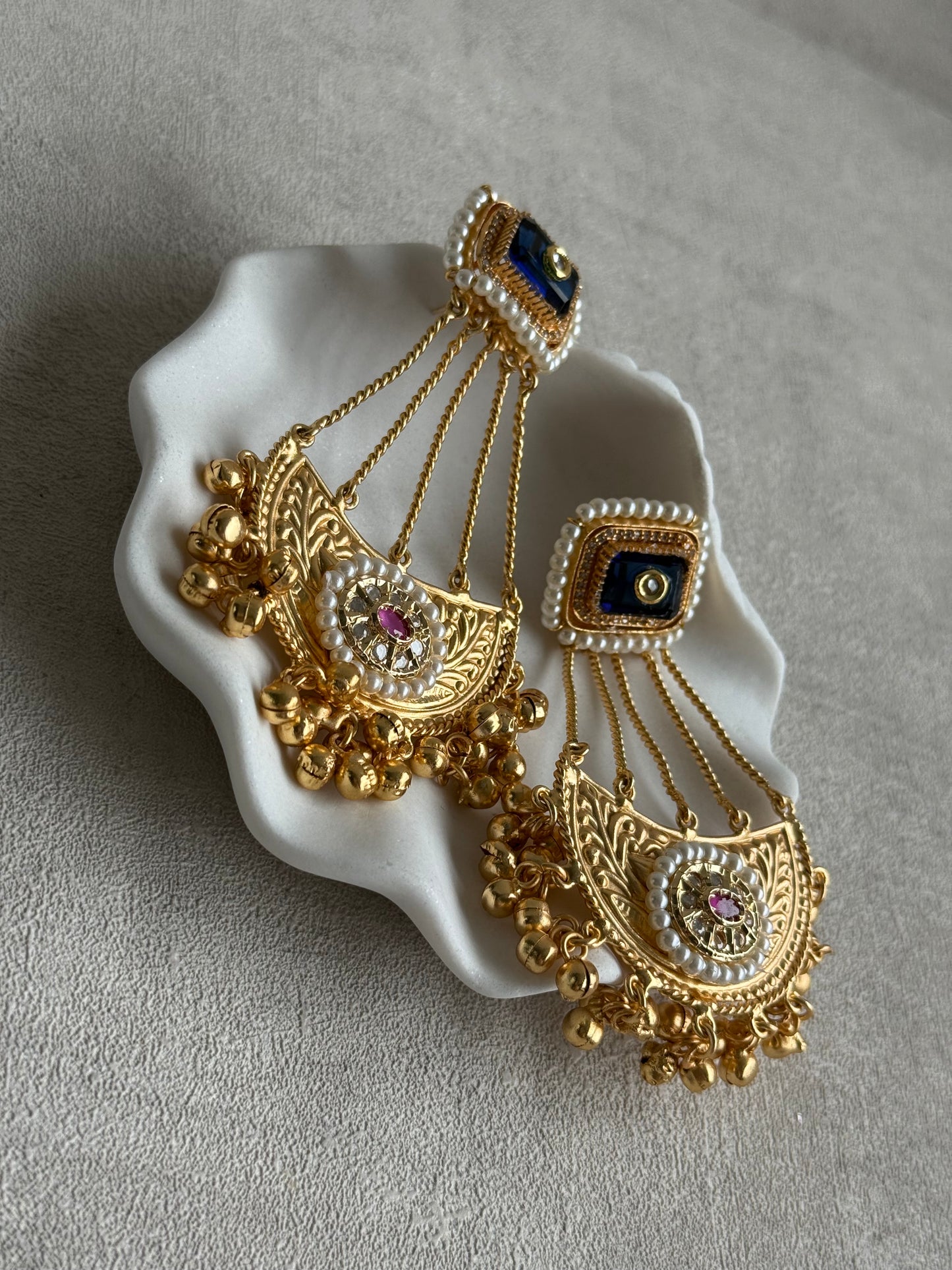 Ayura Designs Jheel Earrings – Navy Half-Moon Drops with Pearl Edging & Golden Ghungroos