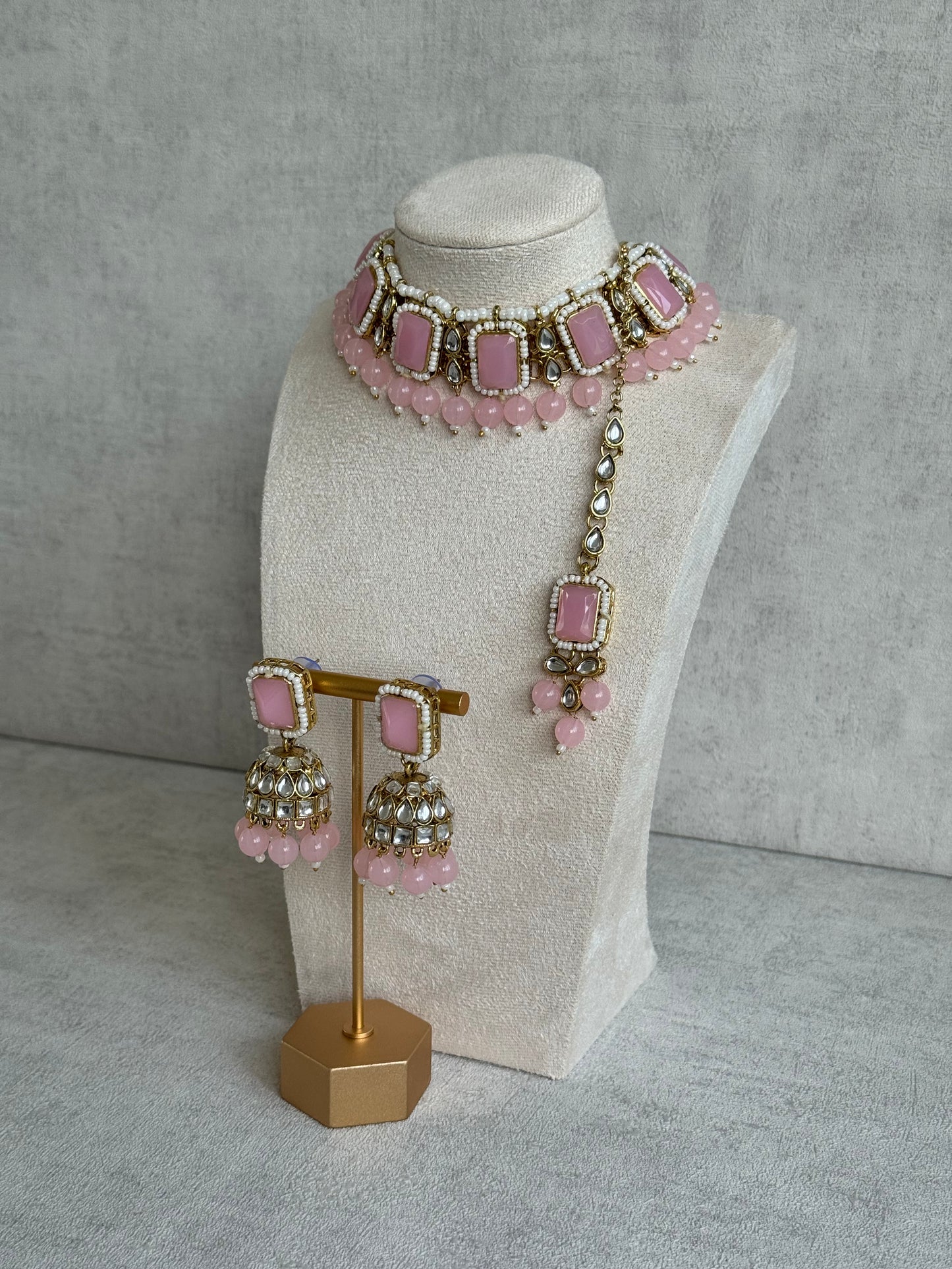Ayura Designs Samaya Set with Jhumkis & Tikka – Blush Pink Stones, Kundan Detailing & Gold Finish