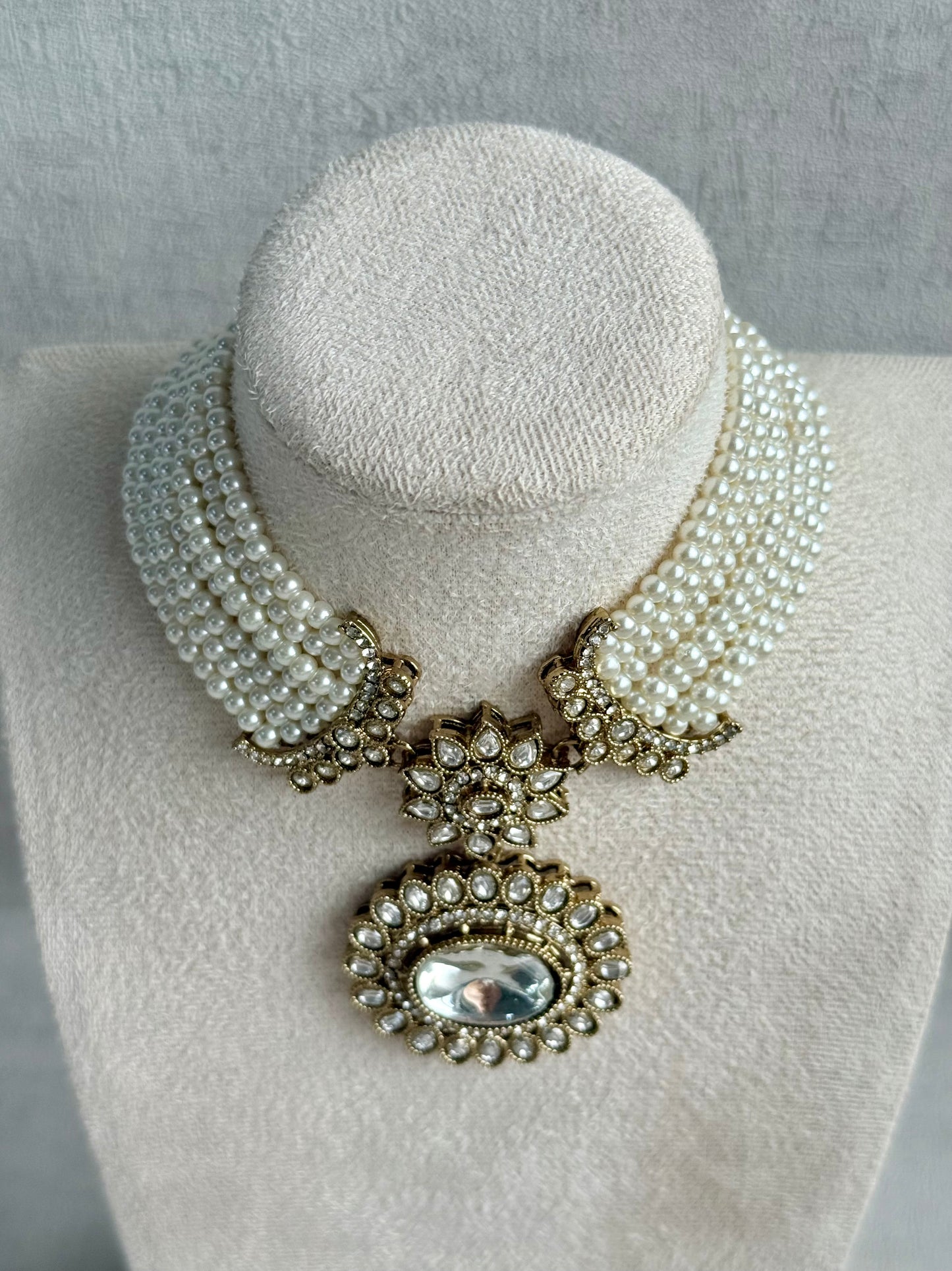 Ayura Designs Amaya Necklace Set with Studs – Antique Finish in Crystal Stones with Pearl Strands