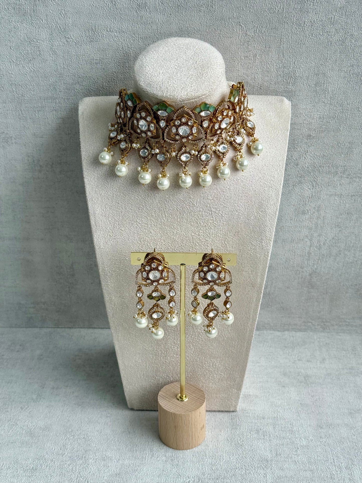 Ayura Designs Serina Choker Set with Earrings – Mint & Pistachio Enamel, Mirror-Cut Stones & Pearl Drops