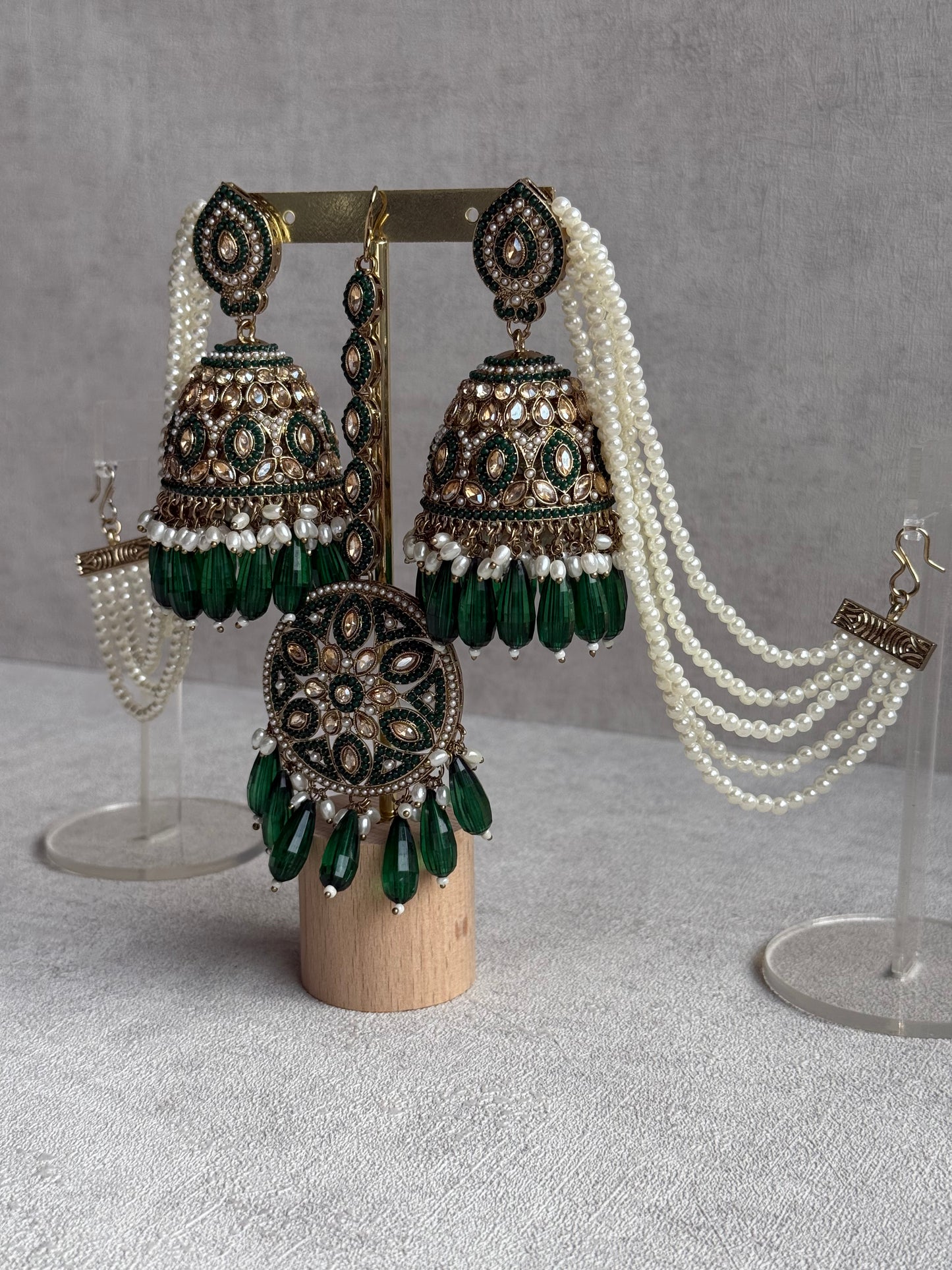 Ayura Designs Amrita Set – Jhumkis with Sahare & Tikka in Emerald Green Beads, Pearls and Antique Gold Finish