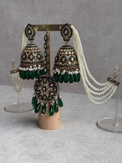 Ayura Designs Amrita Set – Jhumkis with Sahare & Tikka in Emerald Green Beads, Pearls and Antique Gold Finish