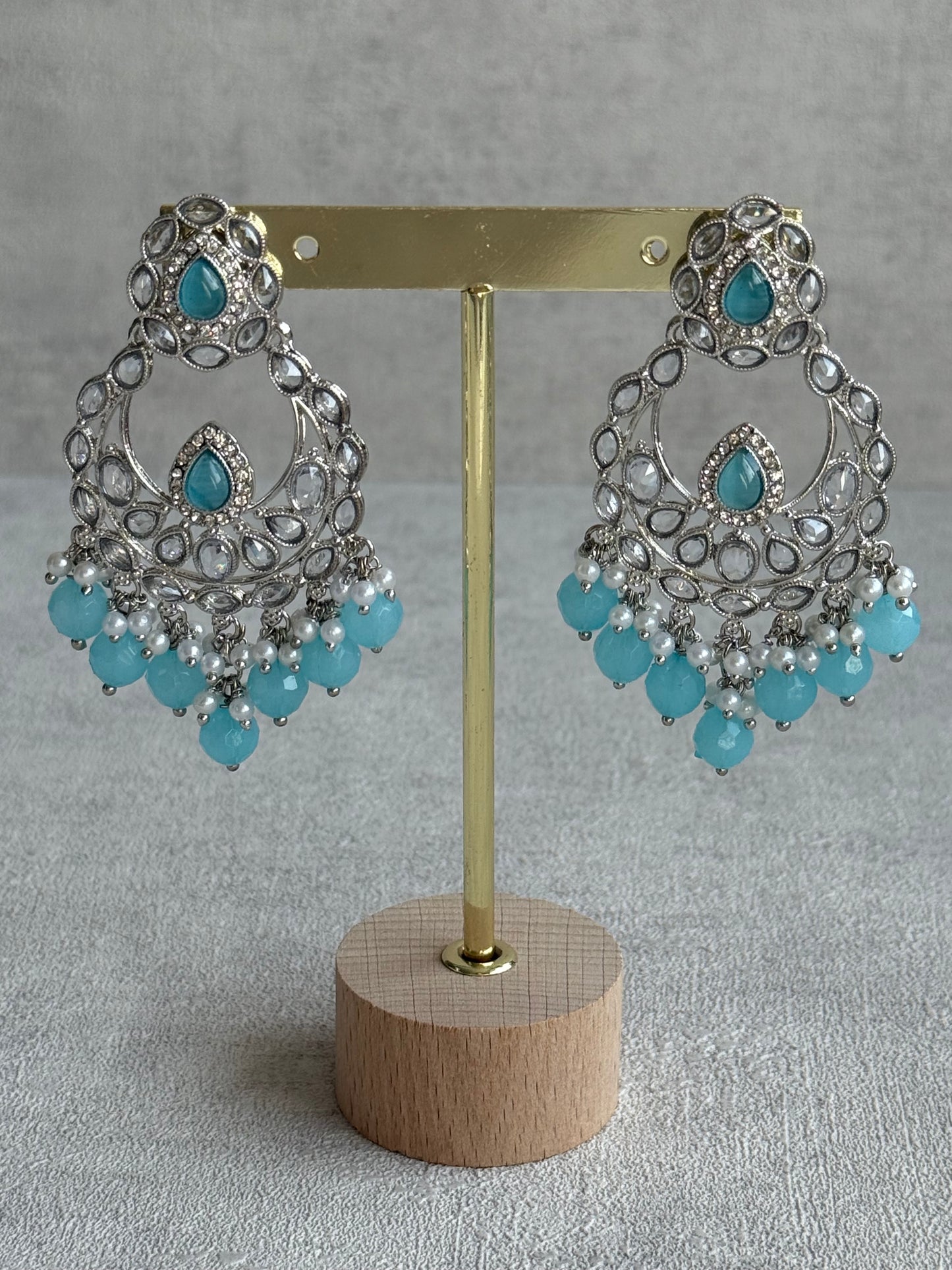 Ayura Designs Eknoor Set – Necklace, Tikka & Earrings with Aqua Blue Beads, Pearls and Silver Finish
