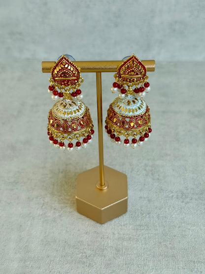 Ayura Designs Jogan Jhumkis – Red & White Beads with Antique Gold Detailing