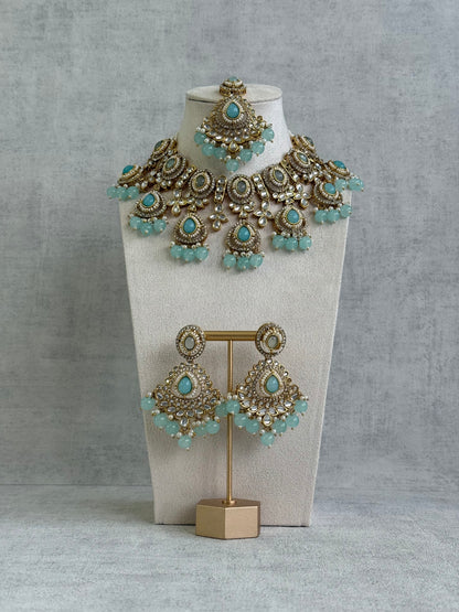 Ayura Designs Janvi Set with Necklace, Earrings & Tikka – Kundan Detailing, Aqua Blue Beads & Ivory Pearl Drops
