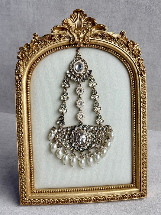 Ayura Designs Uma Jhoomar Passa – Kundan Jhoomar with Ivory Pearl Drops & Green Enamel Detailing