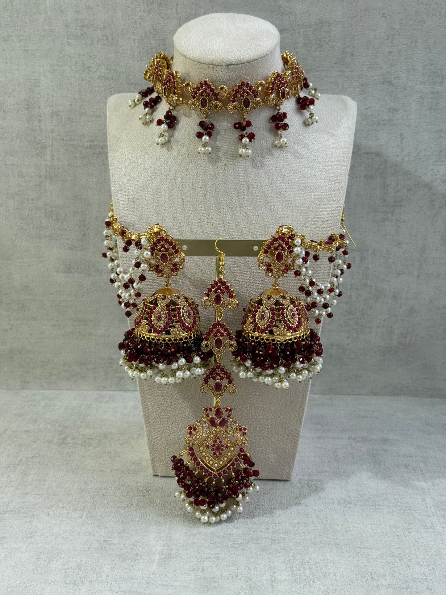 Ayura Designs Noor Set – Choker, Jhumkis with Sahare & Tikka in Maroon with Pearl Detailing