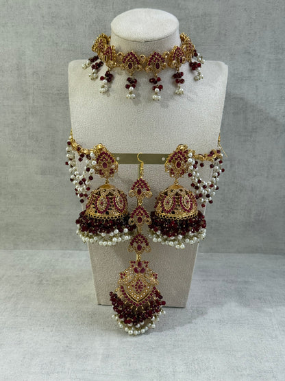 Ayura Designs Noor Set – Choker, Jhumkis with Sahare & Tikka in Maroon with Pearl Detailing