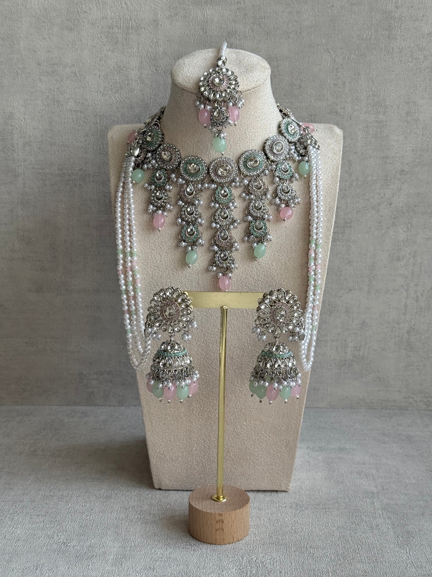 Ayura Designs Nawal Set – Necklace, Jhumkis, Tikka & Detachable Sahare with Mint & Blush Beads, Pearls & Antique Silver Finish