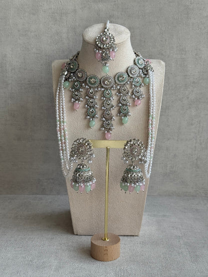 Ayura Designs Nawal Set – Necklace, Jhumkis, Tikka & Detachable Sahare with Mint & Blush Beads, Pearls & Antique Silver Finish