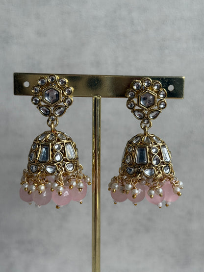 Ayura Designs Shaheen Set with Jhumkis & Tikka – Blush Pink Beads, Mirror Kundan & Gold Finish