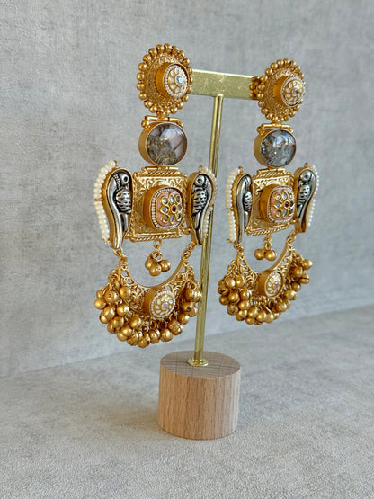 Ayura Designs Soha Earrings – Antique Gold with Smoky Grey Stone & Oxidised Parrots