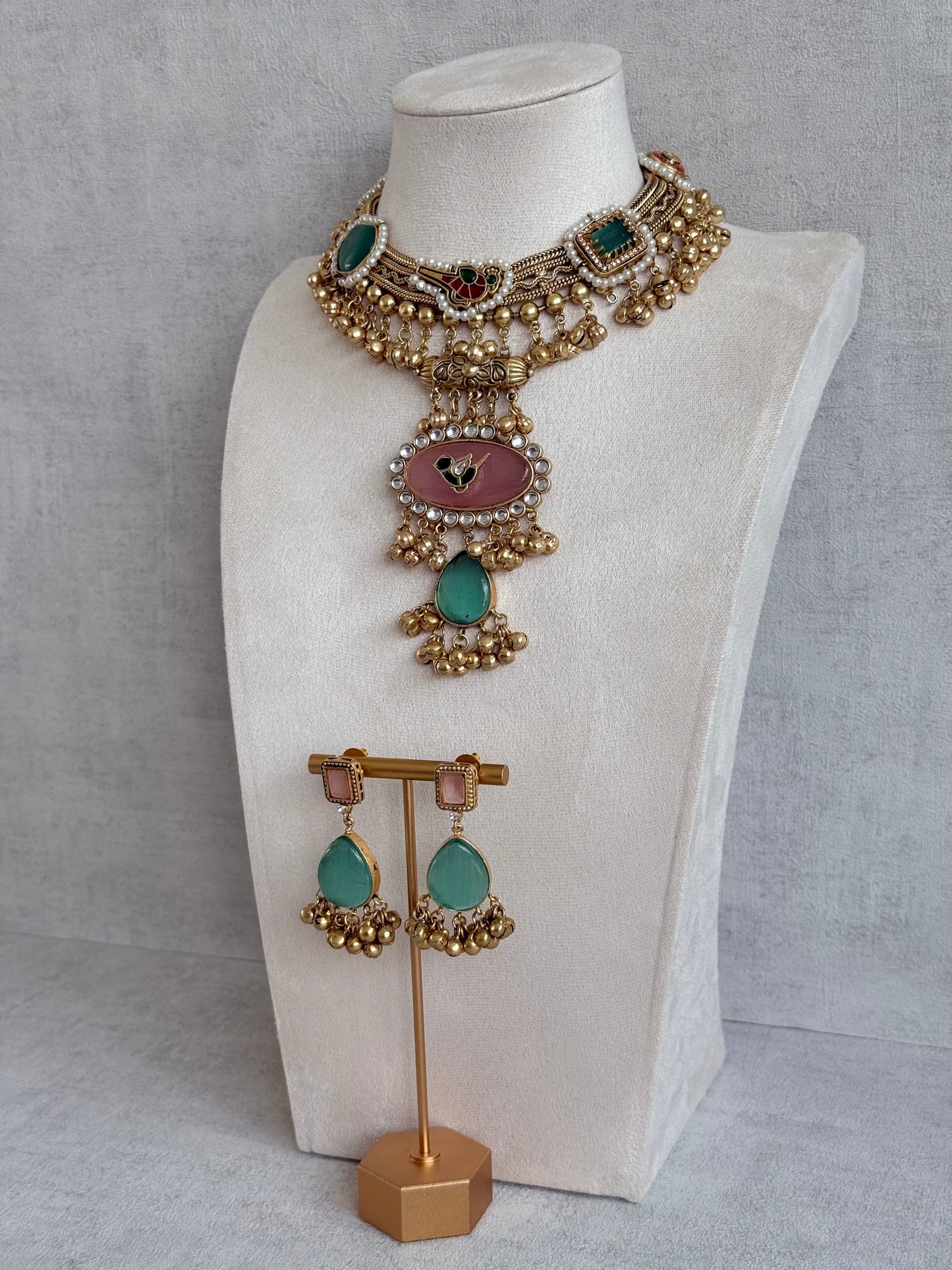 Ayura Designs Ahista Necklace Set with Earrings – Statement Pendant Necklace with Pink & Aqua Green Cat Eye Stones, Pearl Detailing & Ghungroo Accents