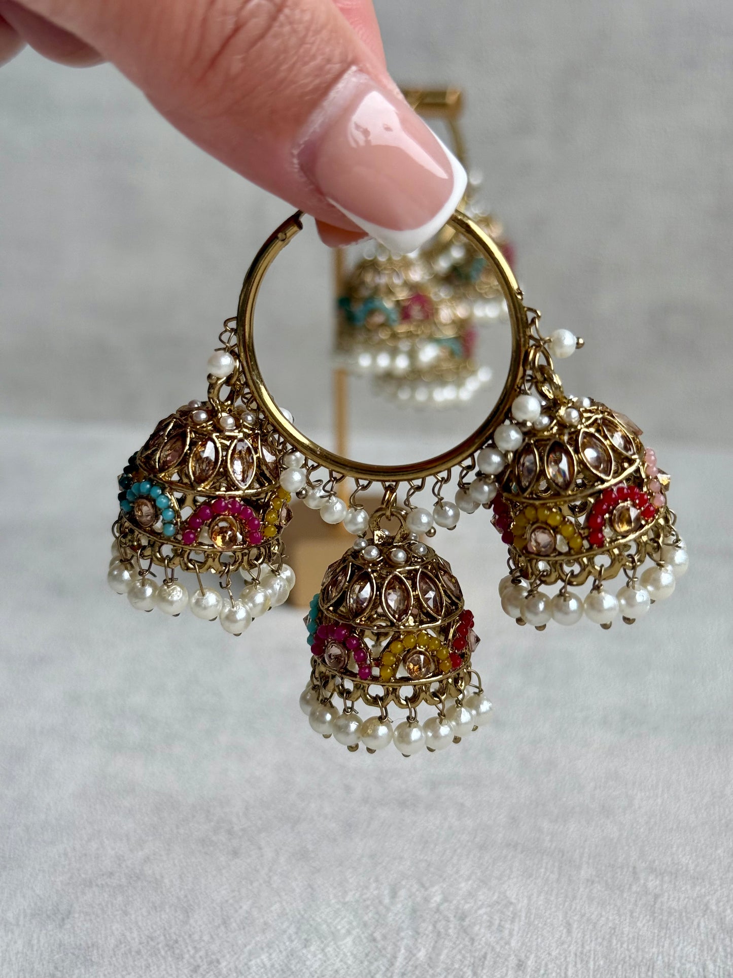Ayura Designs Nakhra Balis – Multicolour Triple Dome Earrings with Mirror-Cut Stones & Pearl Detailing