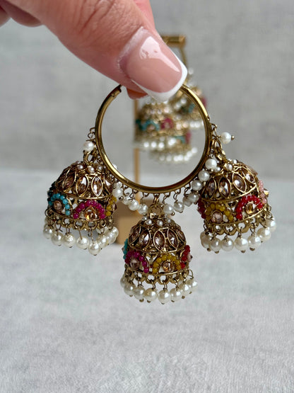 Ayura Designs Nakhra Balis – Multicolour Triple Dome Earrings with Mirror-Cut Stones & Pearl Detailing