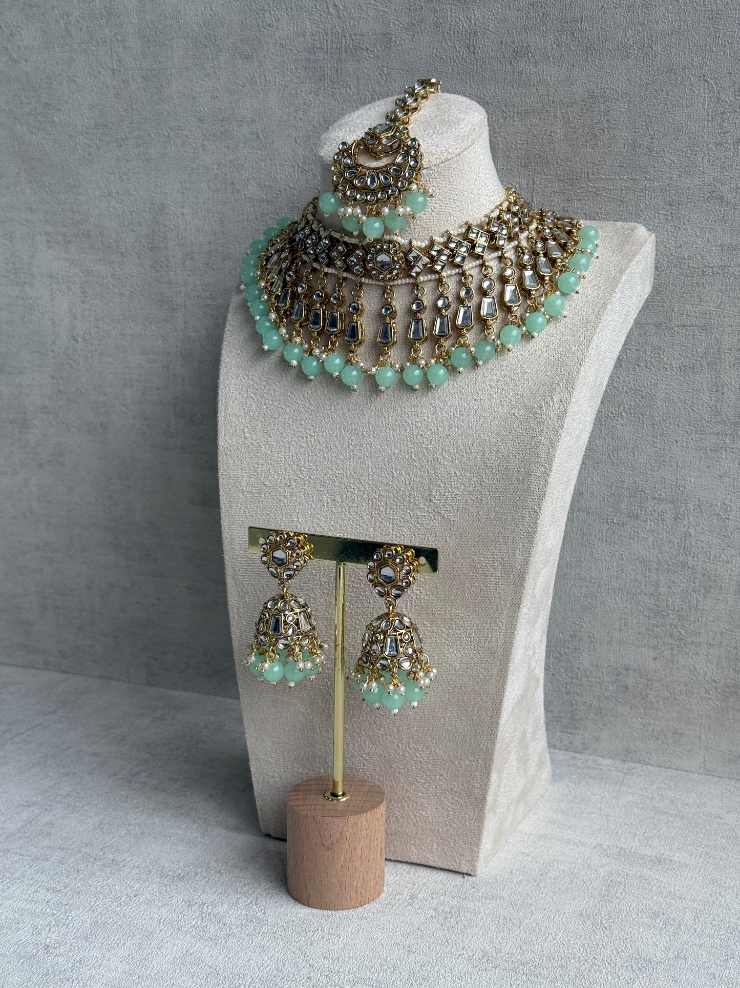 Ayura Designs Shaheen Set with Jhumkis & Tikka – Pistachio Green Beads, Mirror Kundan & Gold Finish