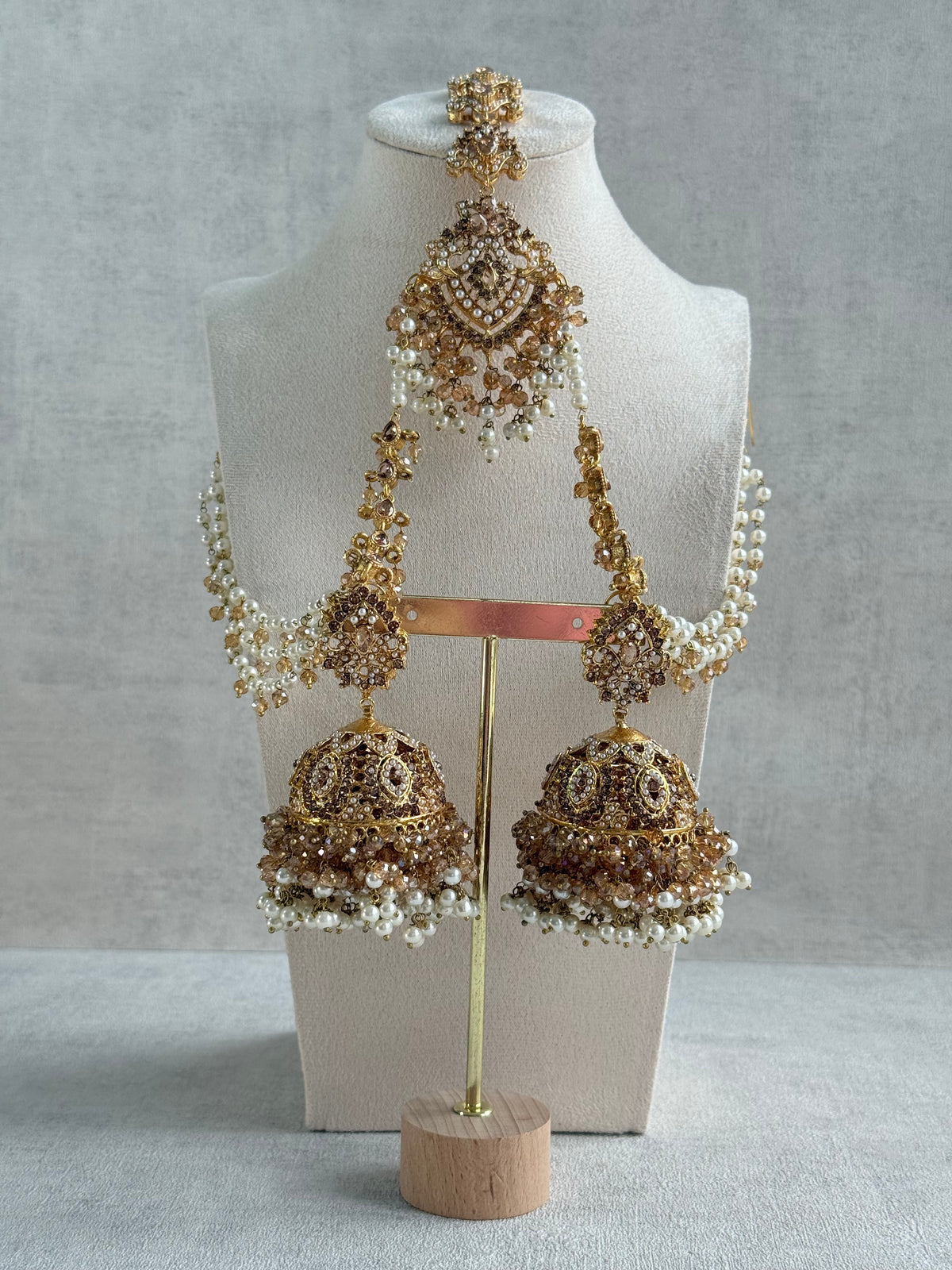 Ayura Designs Safia Tikka Set with Sahare Earrings – Champagne Gold Beads & Pearls