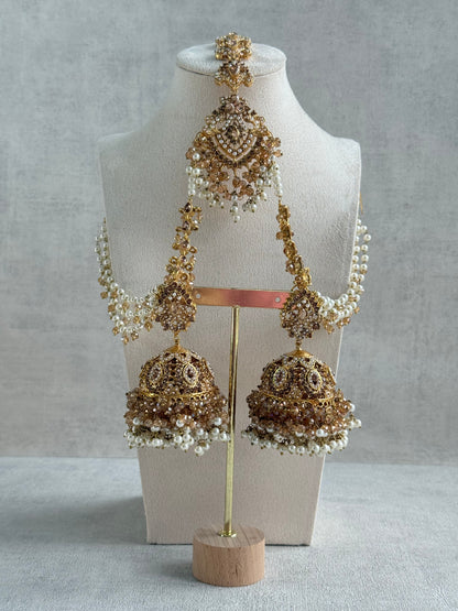 Ayura Designs Safia Tikka Set with Sahare Earrings – Champagne Gold Beads & Pearls