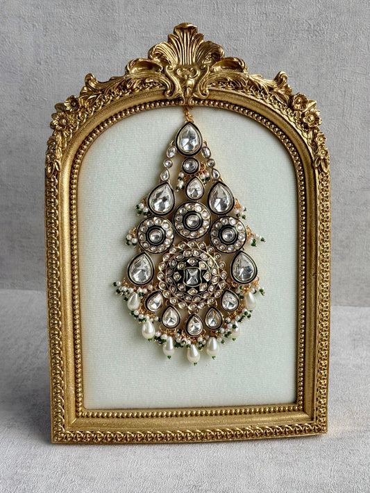 Ayura Designs Suhana Jhoomar Passa – Kundan Jhoomar with Ivory Pearl Drops, Pearl Detailing & Green Bead Accents