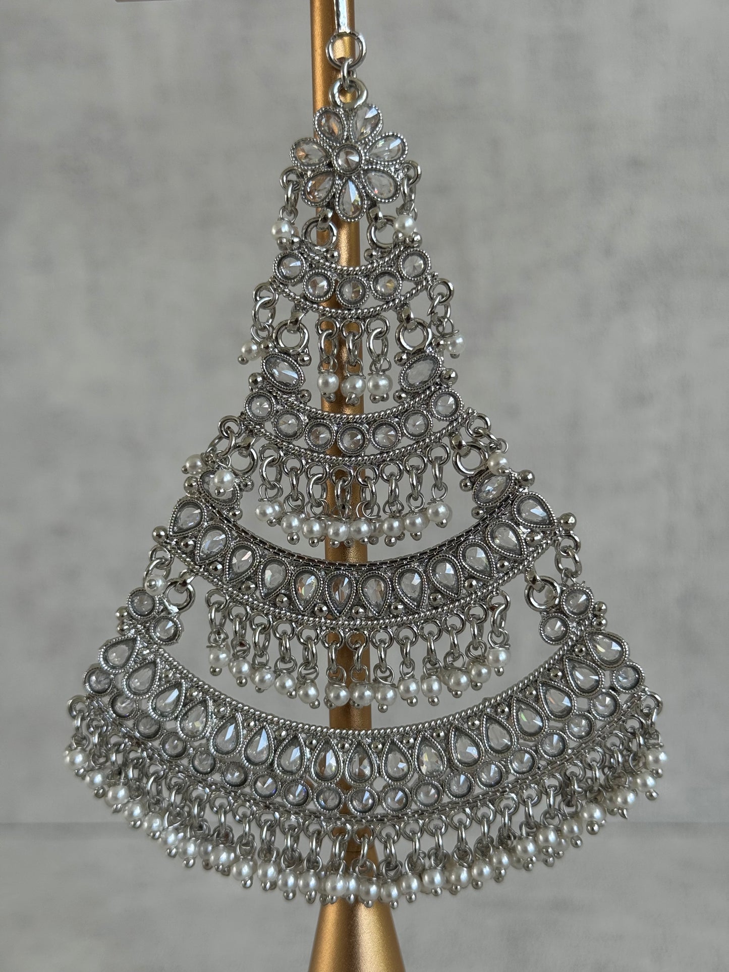 Ayura Designs Nia Jhoomar Passa – Antique Silver with Mirror-Cut Stones & Pearl Fringe Detailing