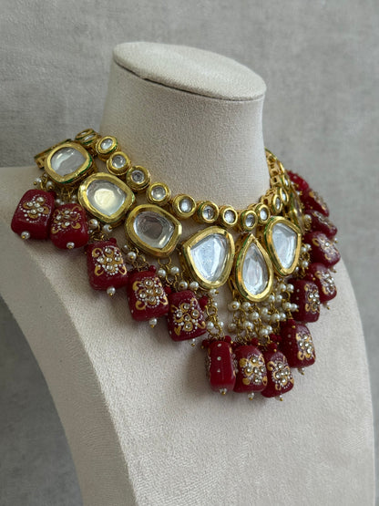Ayura Designs Omika Set With Necklace And Earrings – Kundan Stones And Ruby Red Meenakari Drops