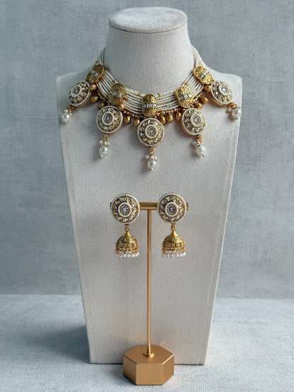 Ayura Designs Tabani Necklace Set with Jhumki Earrings – Kundan Medallion Design, Ivory Pearls & Antique Gold Finish