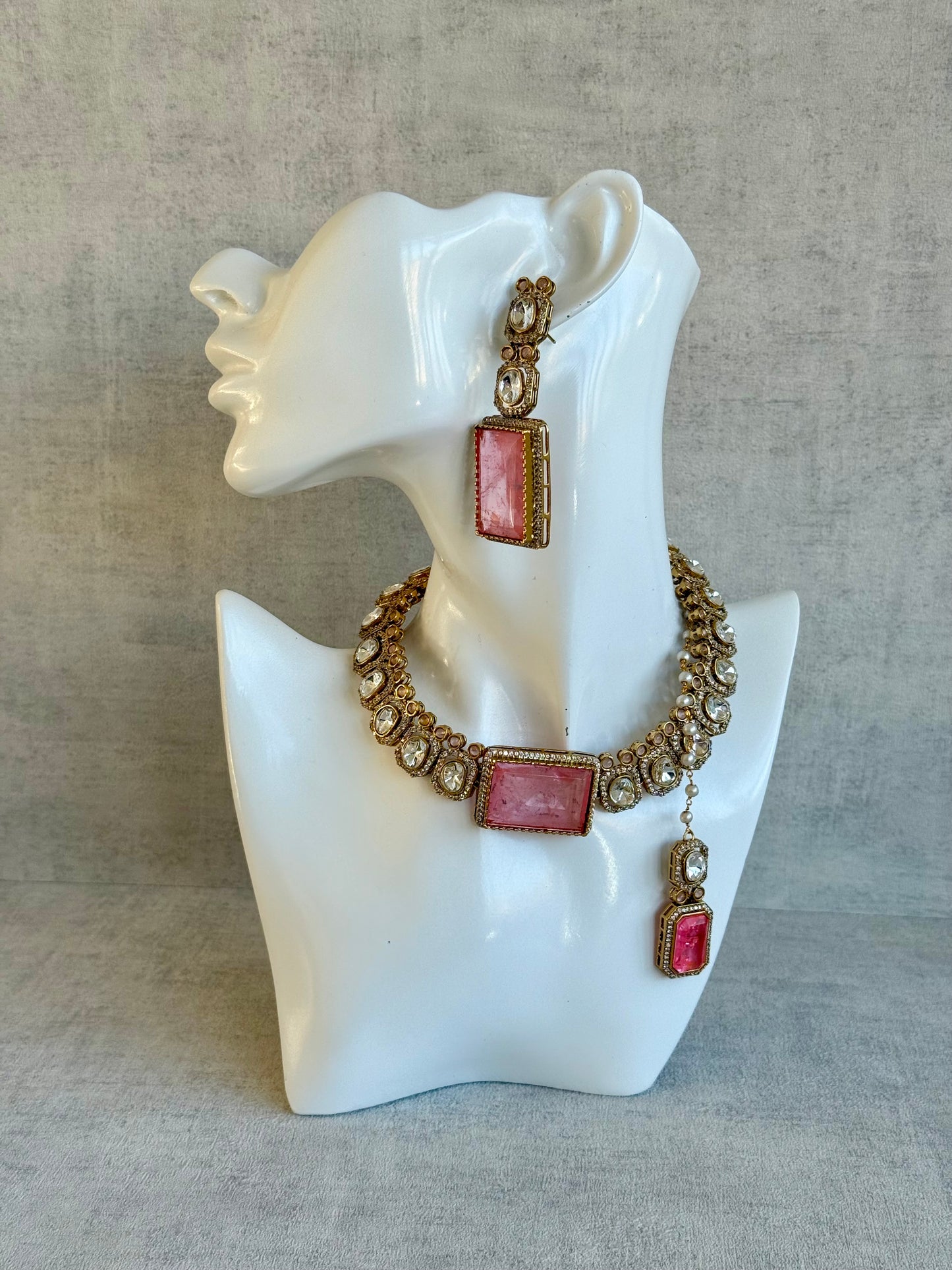 Ayura Designs Clara Set with Earrings and Tikka – Rose Quartz Pink Stones with Moissanite and Antique Gold Finish