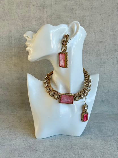 Ayura Designs Clara Set with Earrings and Tikka – Rose Quartz Pink Stones with Moissanite and Antique Gold Finish
