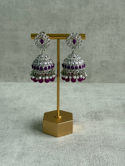 Ayura Designs Rayal Set – Silver Necklace, Jhumkis & Tikka with Amethyst Purple Stones & Pearl Detailing