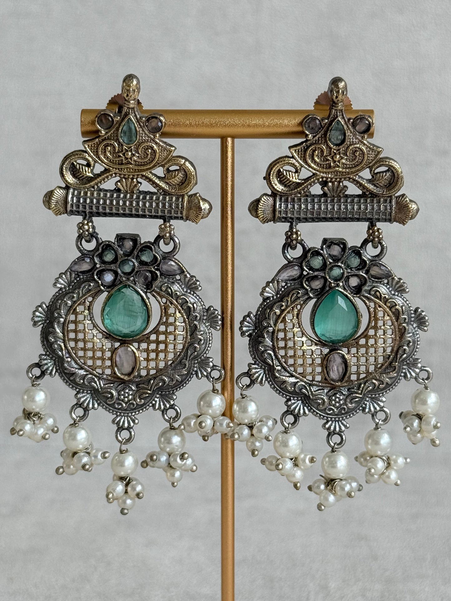 Ayura Designs Haya Earrings – Oxidised Statement Earrings with Aqua & Blush Stone Detailing