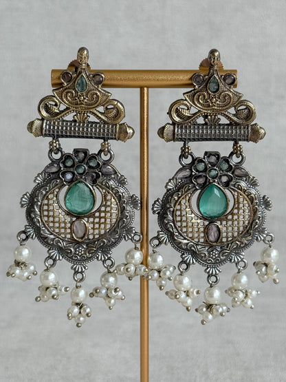 Ayura Designs Haya Earrings – Oxidised Statement Earrings with Aqua & Blush Stone Detailing