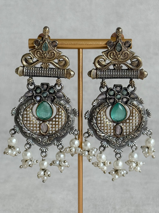 Ayura Designs Haya Earrings – Oxidised Statement Earrings with Aqua & Blush Stone Detailing