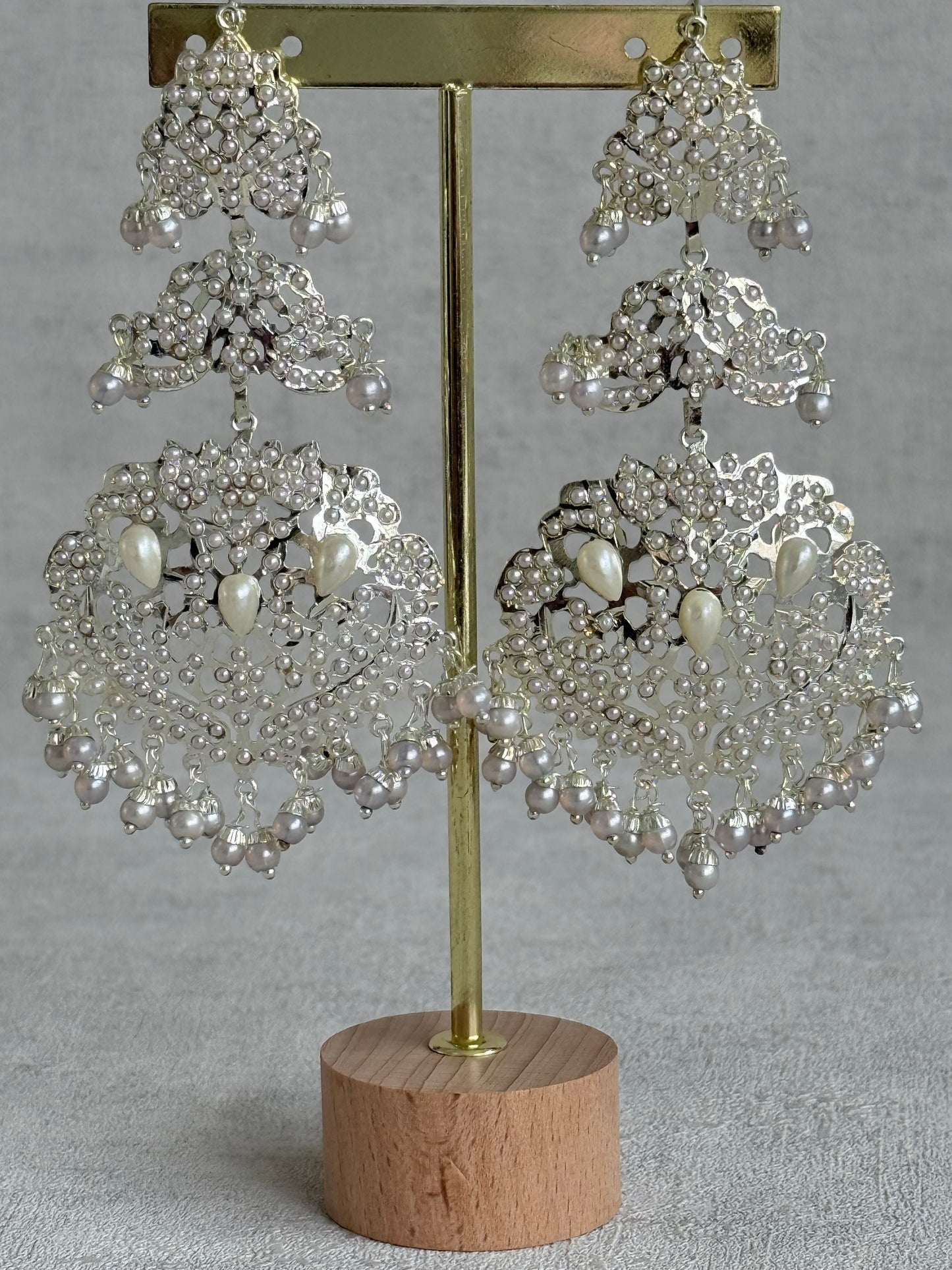 Ayura Designs Zarrar Earrings – Silver Jadau Filigree Statement Earrings with Pearl Drops