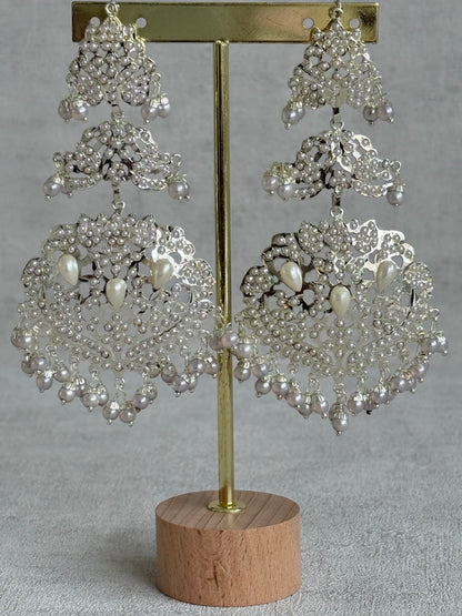 Ayura Designs Zarrar Earrings – Silver Jadau Filigree Statement Earrings with Pearl Drops