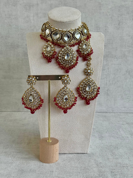 Ayura Designs Kirpa Choker Set with Earrings & Tikka – Ruby Red Beads & Mirror-Cut Stones