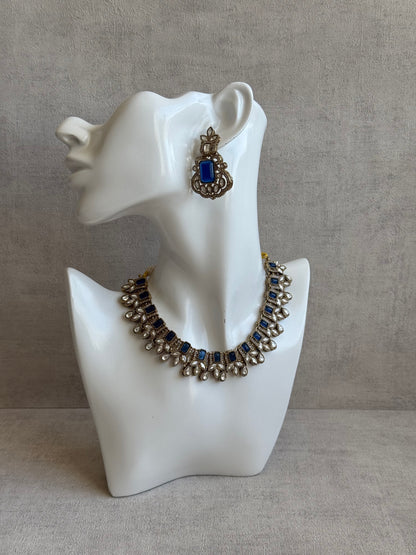 Ayura Designs Olivia Set with Necklace, Earrings & Tikka – Navy Blue Stones, Pear-Cut White Accents & Antique Gold Finish