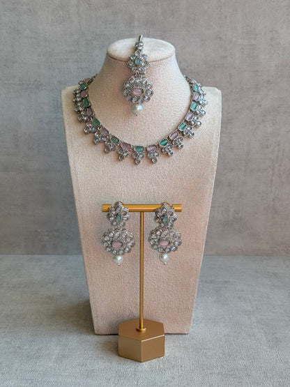 Ayura Designs Sumbul Set with Necklace, Earrings & Tikka – Mint & Blush Stones, Mirror-Cut Accents & Pearl Drops