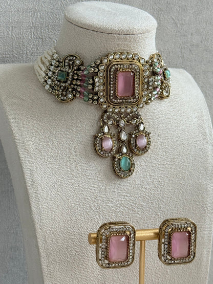 Ayura Designs Nabiha Choker Set with Studs – Blush Pink & Mint Green, Crystal Detailing & Gold Finish