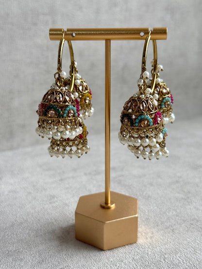Ayura Designs Nakhra Balis – Multicolour Triple Dome Earrings with Mirror-Cut Stones & Pearl Detailing