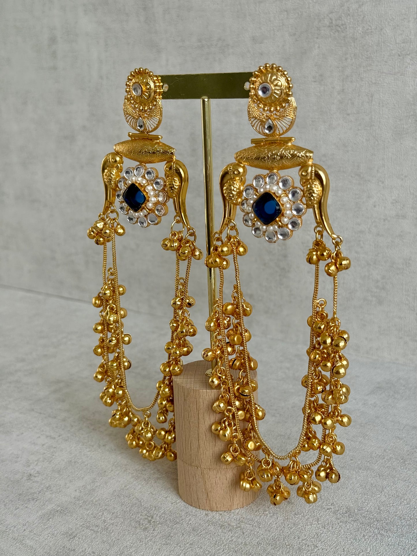 Ayura Designs Meelan Earrings – Antique Gold Earrings with Bird Motifs, Navy Stone & Ghungroo Detailing