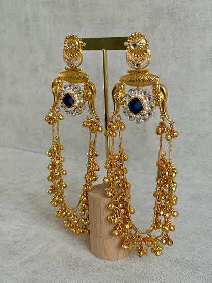 Ayura Designs Meelan Earrings – Antique Gold Earrings with Bird Motifs, Navy Stone & Ghungroo Detailing
