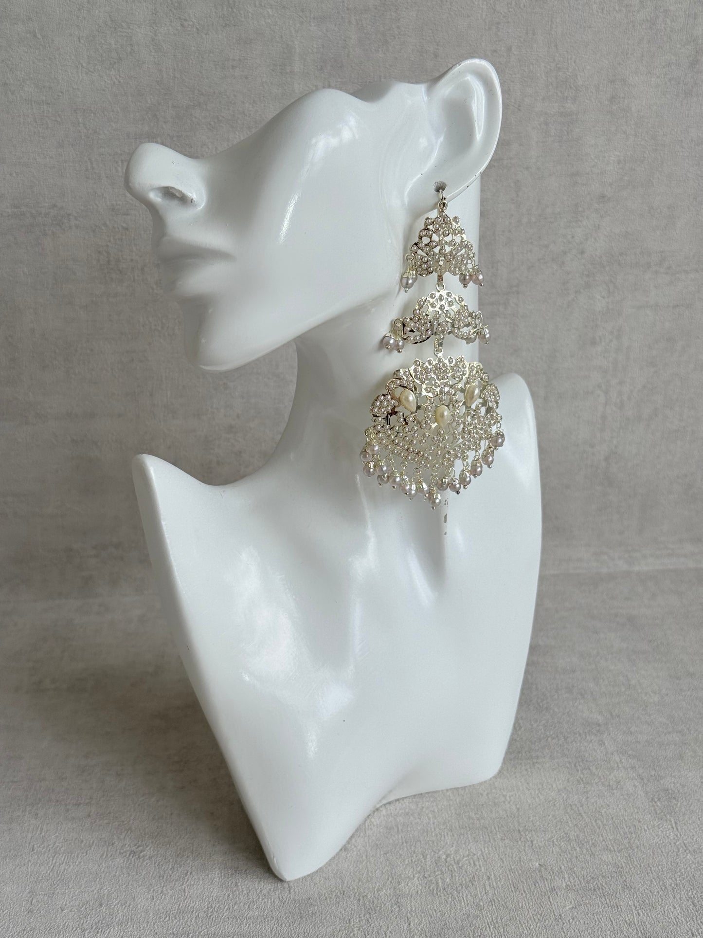 Ayura Designs Zarrar Earrings – Silver Jadau Filigree Statement Earrings with Pearl Drops