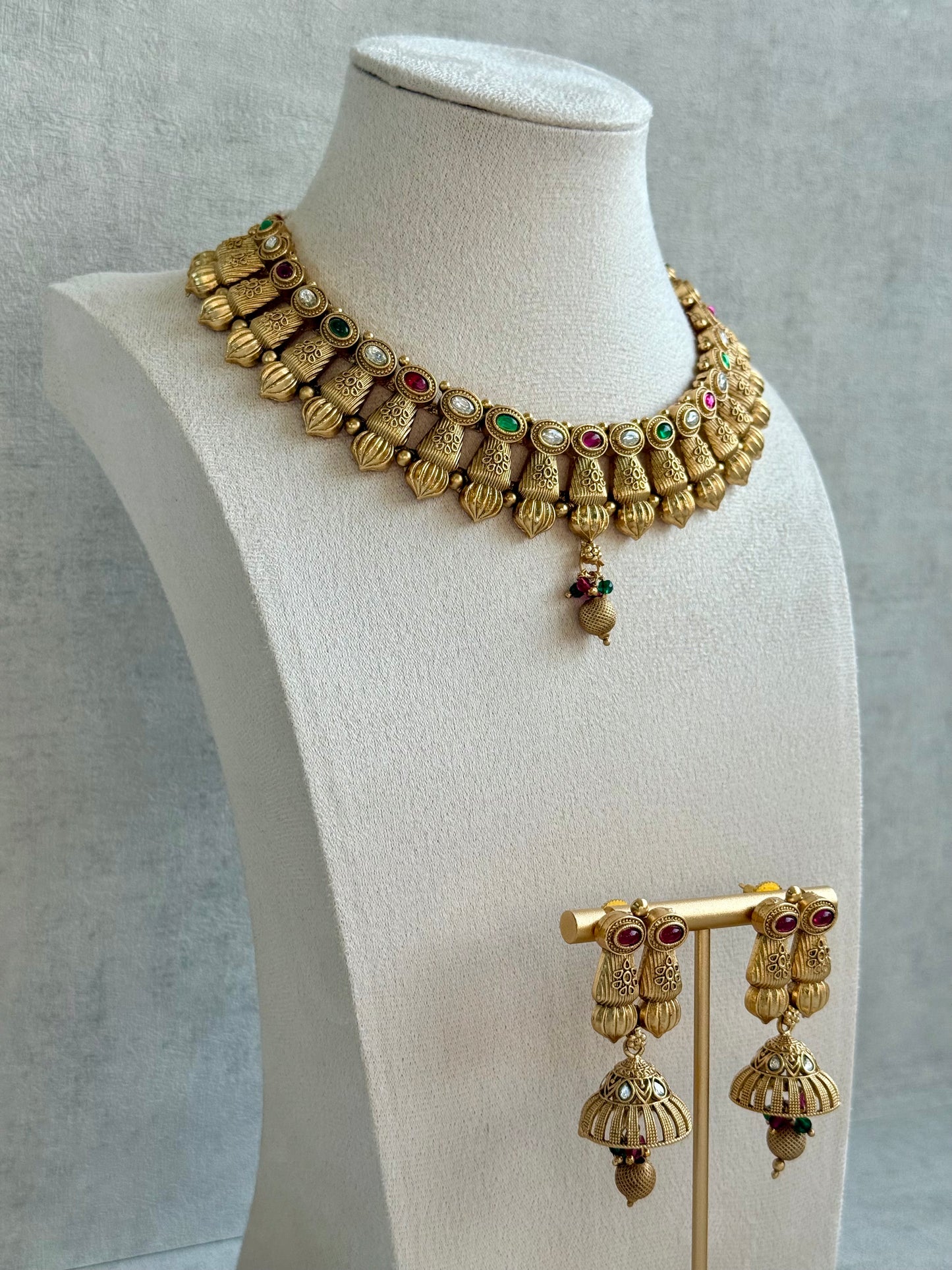 Ayura Designs Aima Necklace Set with Earrings – Antique Gold with Rani Pink & Emerald Green Stones