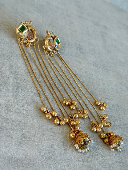 Ayura Designs Morira Earrings – Antique Gold Jhumki Earrings with Kundan Stones, Chains & Ghungroo Detailing