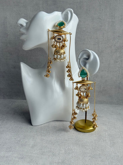 Ayura Designs Hoorza Earrings – Kashmiri Earrings with Mint Green Stones, Pearl Detailing & Ghungroo Chains