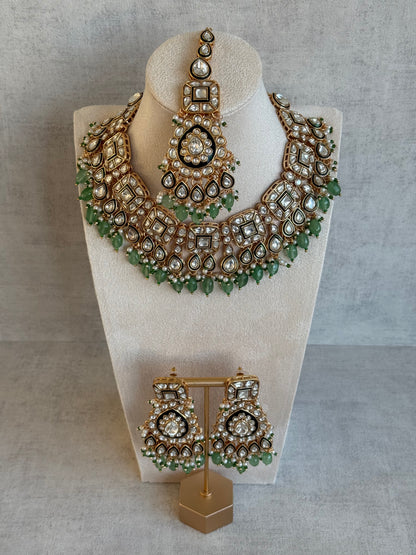 Ayura Designs Ishrat Set with Necklace, Earrings & Tikka – Kundan Detailing, Pearl Drops & Sage Green Beads