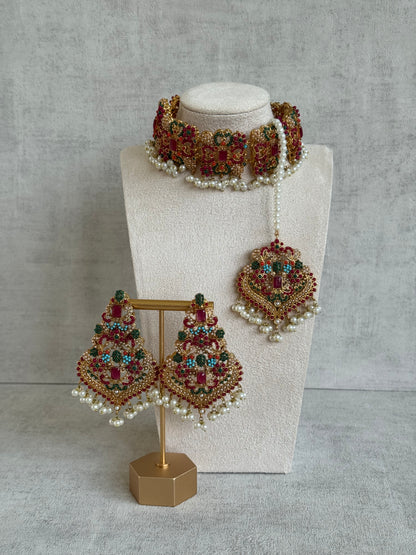 Ayura Designs Mahnoor Navratan Choker Set with Earrings & Tikka – Antique Gold Finish, Multicolour Enamel & Pearl Detailing