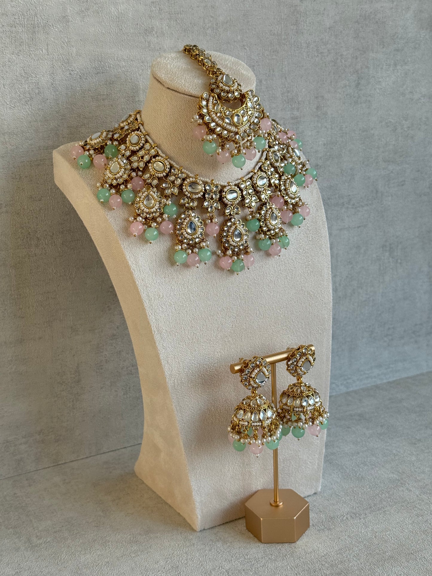 Ayura Designs Iyla Set with Necklace, Earrings & Tikka – Kundan Detailing, Ivory Pearl Drops & Mint & Blush Beads